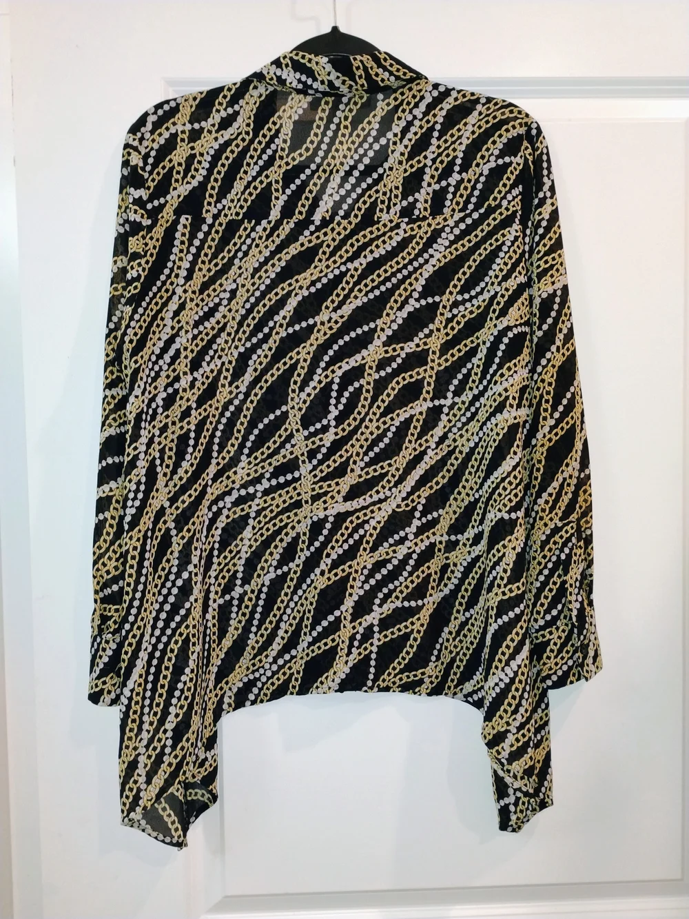 Michael Kors Chain Link Print Sharkbite Hem Blouse Black Gold Vintage Size PL